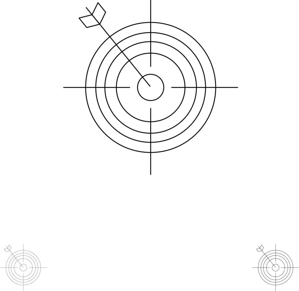 Focus Board Dart Pfeil Ziel Fett und dünne schwarze Linie Symbolsatz vektor