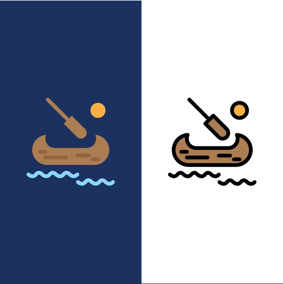 Boot Kajak Kanada Symbole flach und Linie gefüllt Symbolsatz Vektor blauen Hintergrund