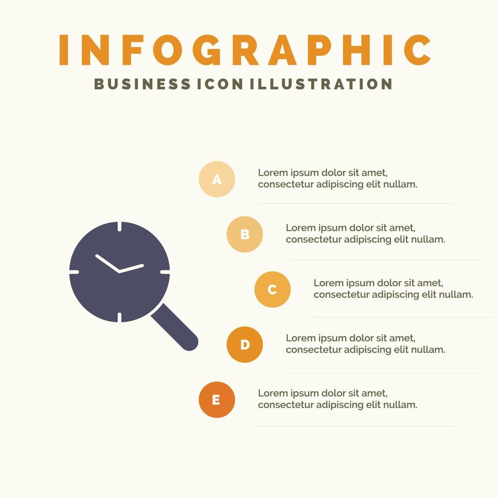 Sök forskning Kolla på klocka fast ikon infographics 5 steg presentation bakgrund vektor