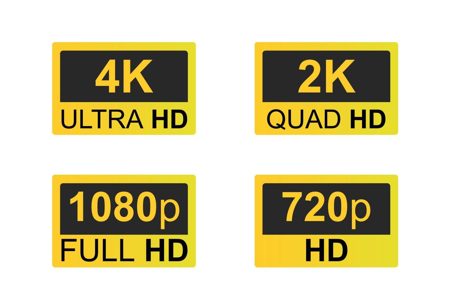 packa av visa upplösning ikoner, video mått guld ikoner, ultra hd 4k, 2k 1080p, 720p proffs vektor