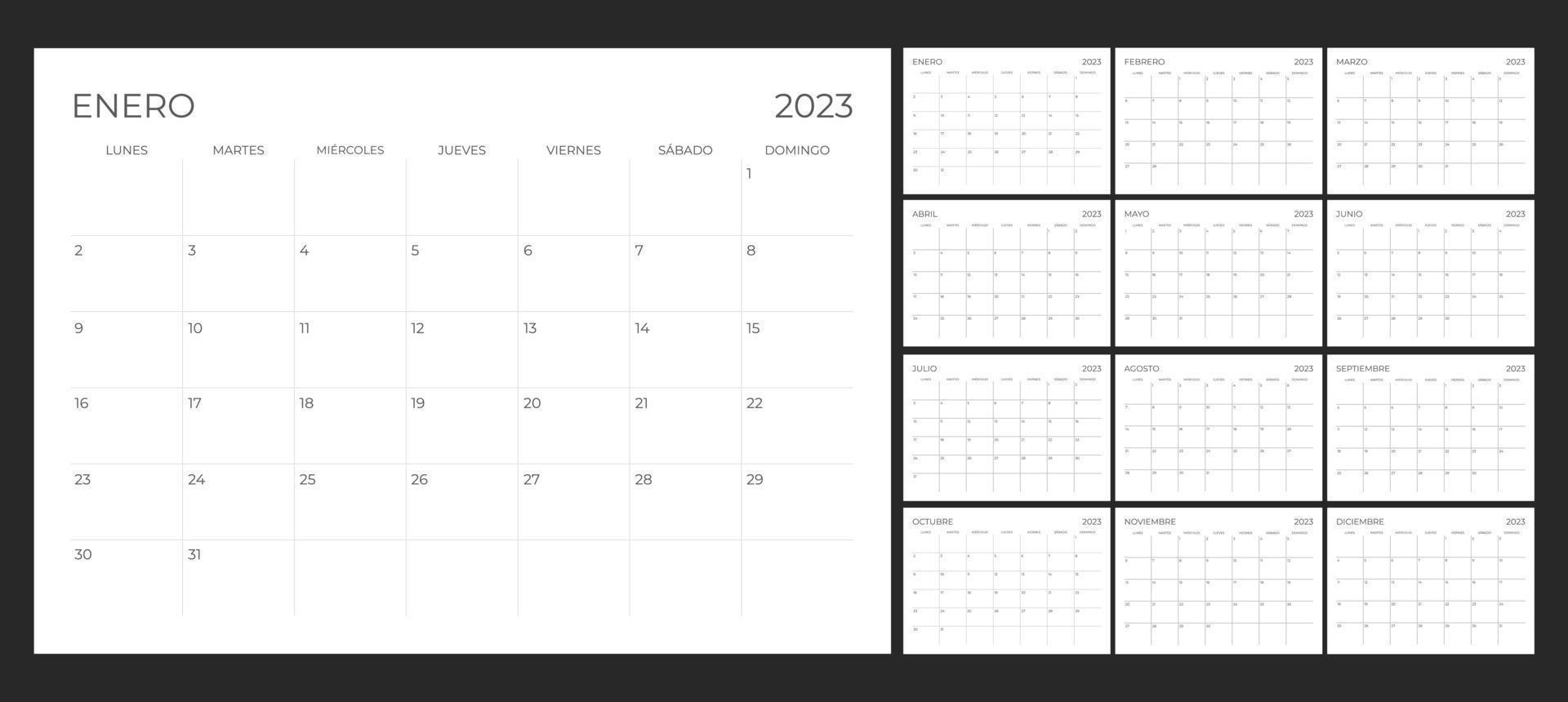 Stellen Sie den spanischen Kalender 2023 mit einer einfachen Landschaftsdesign-Vorlage ein vektor