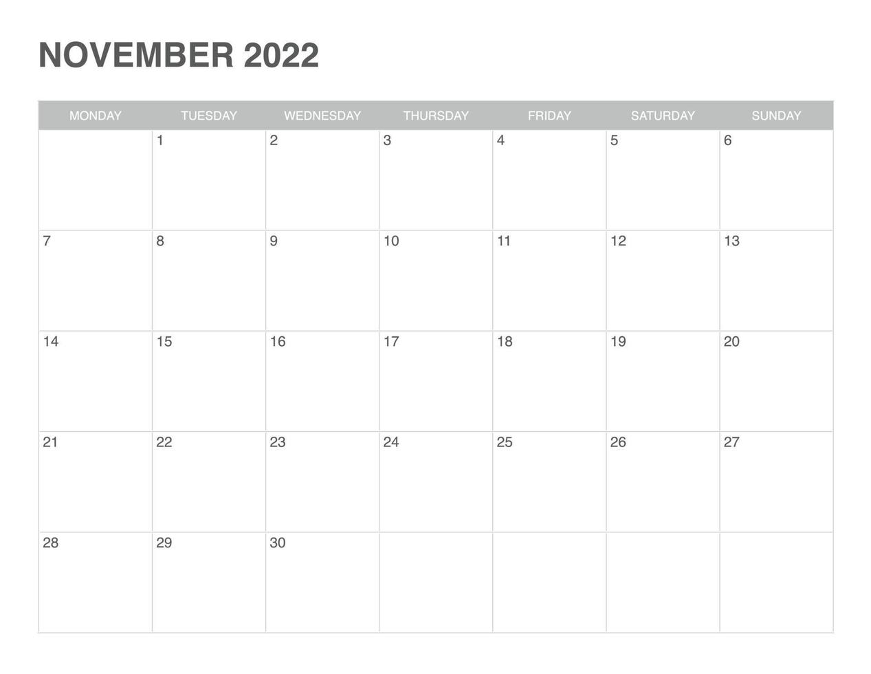 enkel kalender november 2022 , Start måndag vektor