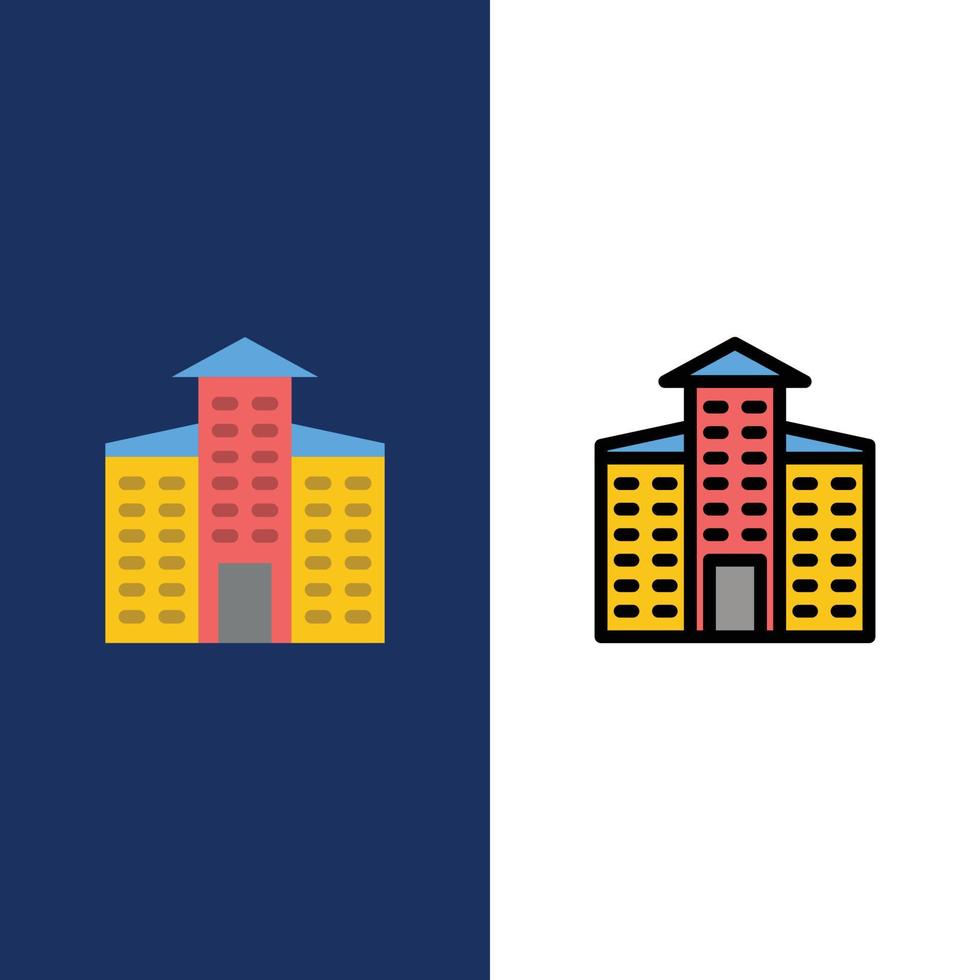 Gebäude Stadtbau Symbole flach und Linie gefüllt Symbolsatz Vektor blauen Hintergrund