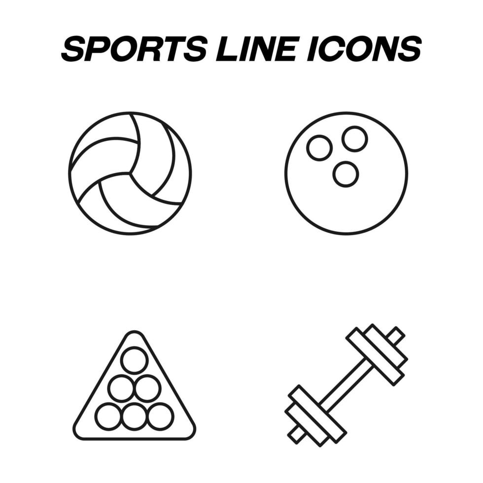minimalistisk översikt tecken dragen i platt stil. redigerbar stroke. vektor linje ikon uppsättning med symboler av volleyboll, bowling, biljard, hantel
