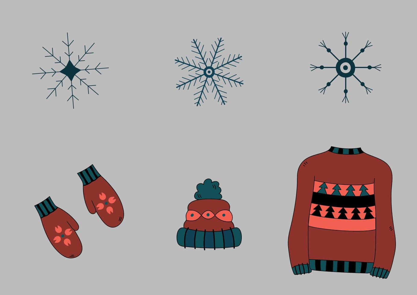 isolierter satz für winterkritzeleien. handgezeichnete schneeflocken, pullover, handschuhe, hut. Winter-Vektor-Illustration-ClipArt vektor