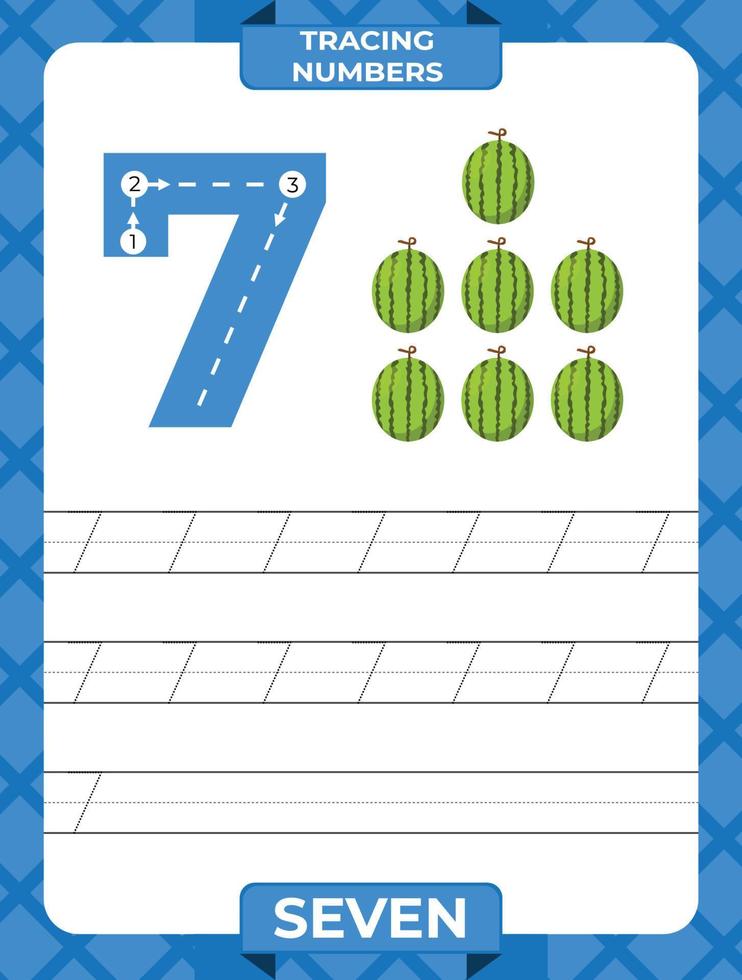 nummer 7 spur, arbeitsblatt zum lernen von zahlen, lernmaterial für kinder, aktivitätsseite für kinder vektor