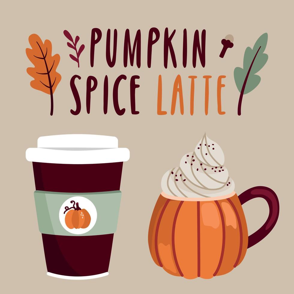 Schriftzug Pumpkin Spice Latte. Illustration eines Bechers in Form eines Kürbisses und eines Kaffees zum Mitnehmen vektor