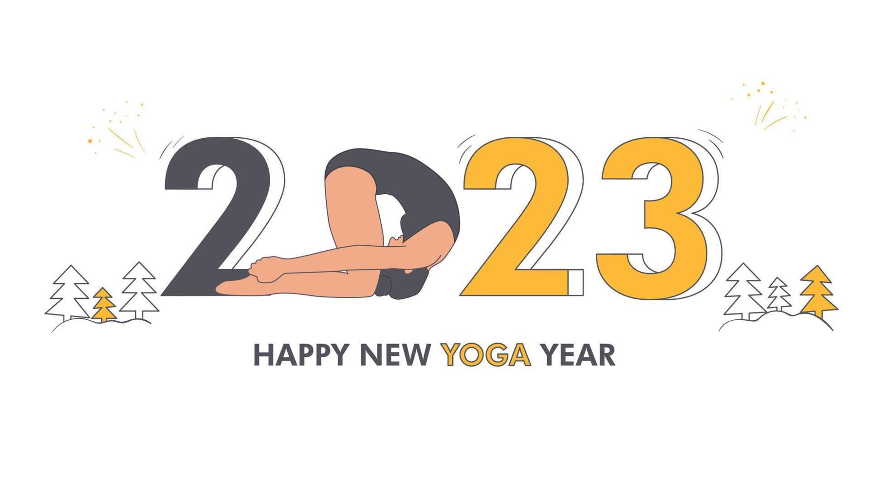 2023 yoga vektor baner. ung kvinna praktiserande yoga med 2023 tal. kanin omm 2023 yoga ny år illustration isolerat på de vit bakgrund