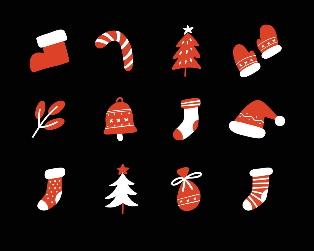 uppsättning av söt jul ornament för barnslig design element. samling av enkel tecknad serie hand dragen illustration. vektor