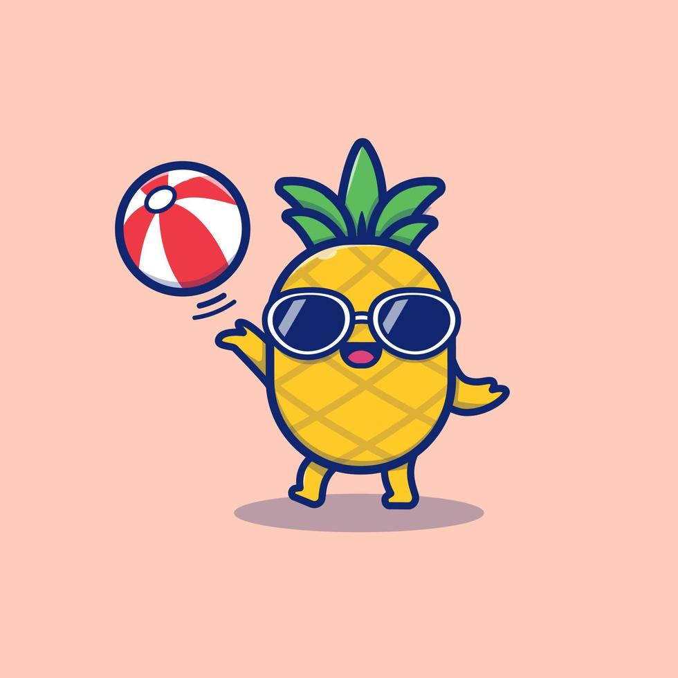 söt ananas spelar sommar boll tecknad serie vektor ikon illustration. sommar frukt ikon begrepp isolerat premie vektor. platt tecknad serie stil