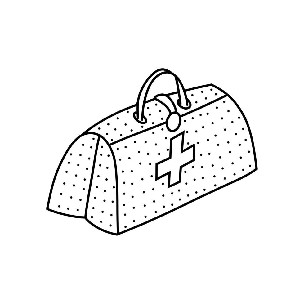 hand dragen vektor illustration av först hjälpa utrustning i klotter stil. söt illustration av en medicin väska på vit bakgrund.