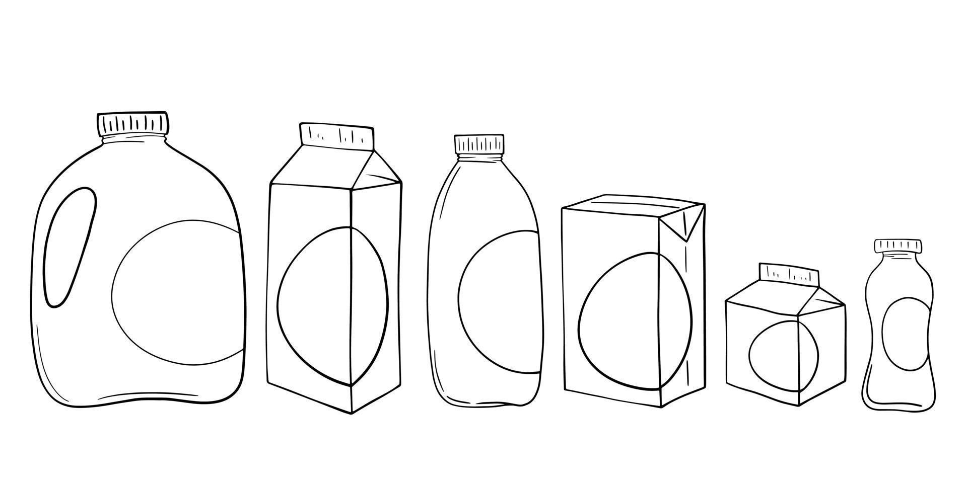 svartvit uppsättning, olika ljus plast behållare med mjölk och juice, vektor illustration i tecknad serie stil på en vit bakgrund