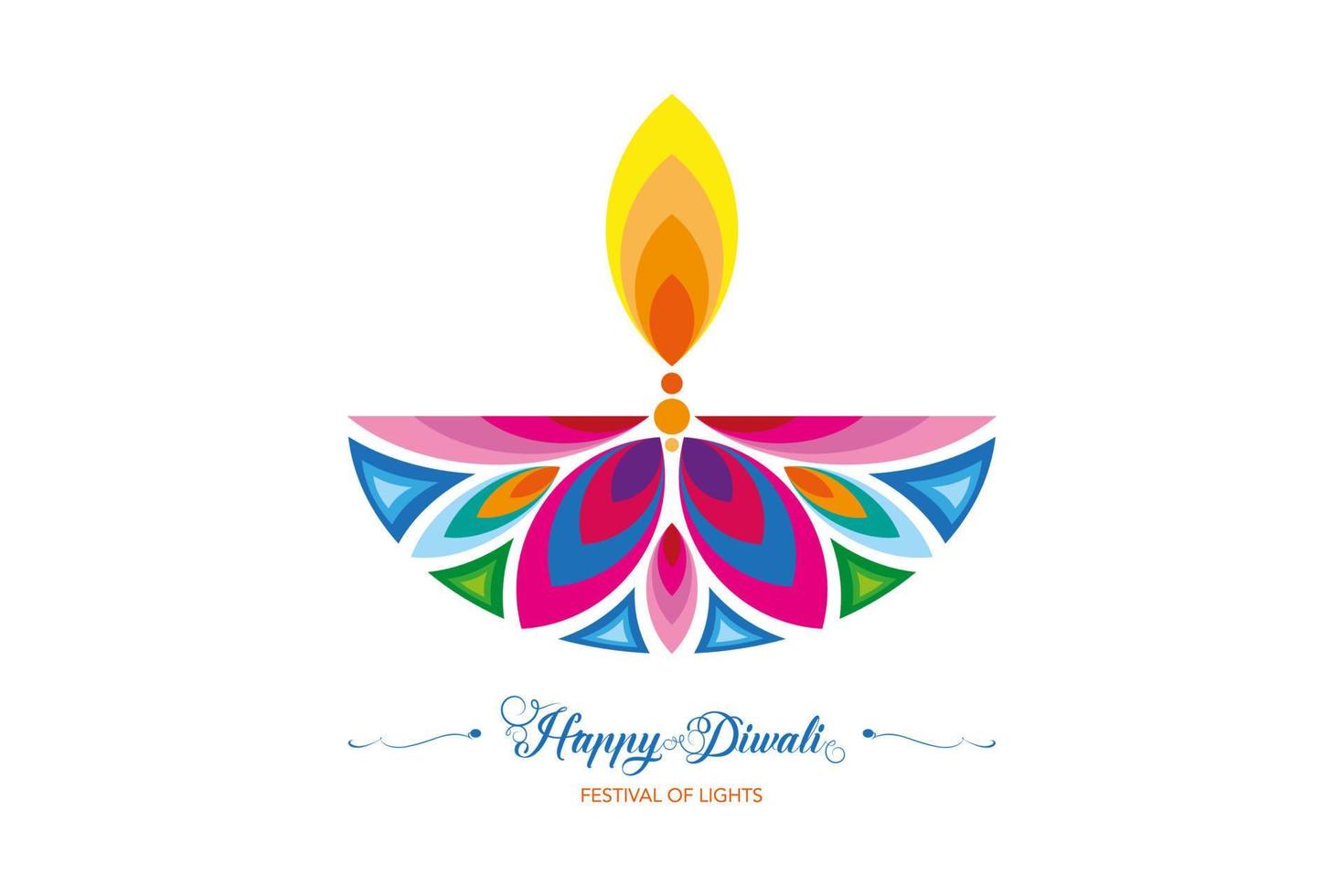 Lycklig diwali festival av lampor Indien firande färgrik logotyp mall. grafisk baner design av indisk blomma diya olja lampa, modern design i vibrerande färger. vektor isolerat på vit bakgrund