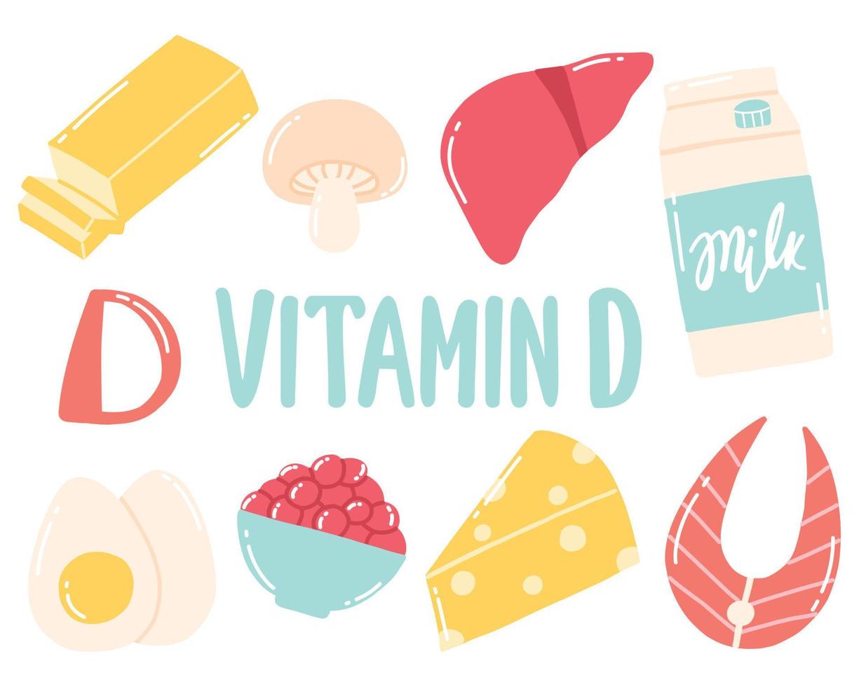 vitamin d. uppsättning av livsmedel som innehåller vitamin d. mat rik i vitamin d. vektor illustration. vektor illustration. dragen stil.