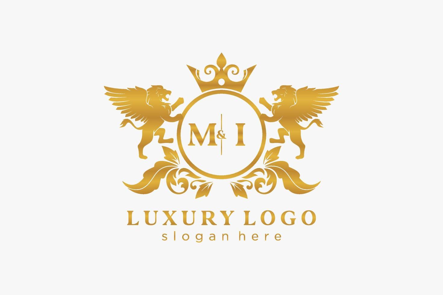 första mi brev lejon kunglig lyx logotyp mall i vektor konst för restaurang, kungligheter, boutique, Kafé, hotell, heraldisk, Smycken, mode och Övrig vektor illustration.