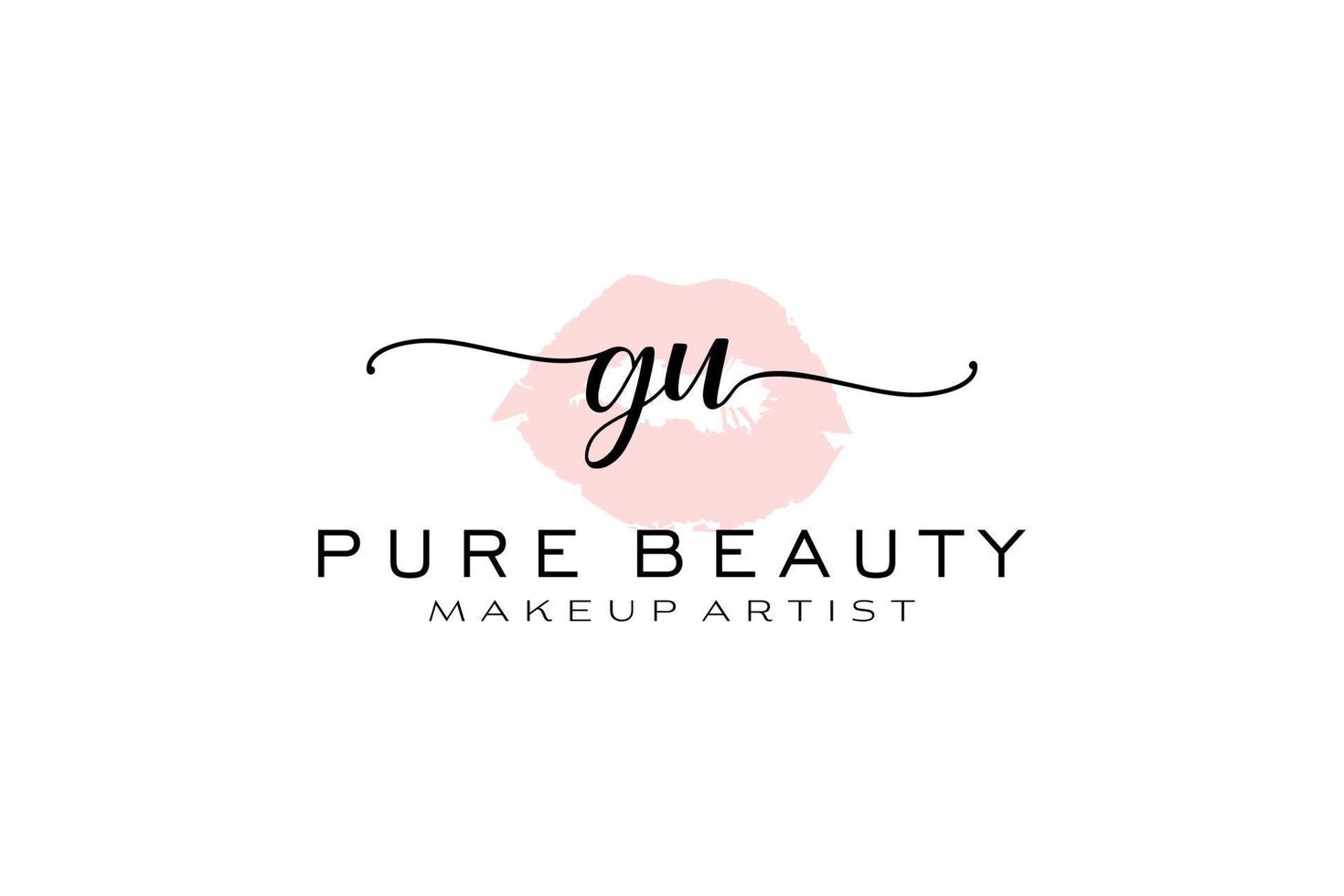 anfängliches gu-Aquarell-Lippen vorgefertigtes Logo-Design, Logo für Make-up-Künstler-Business-Branding, errötendes Beauty-Boutique-Logo-Design, Kalligrafie-Logo mit kreativer Vorlage. vektor