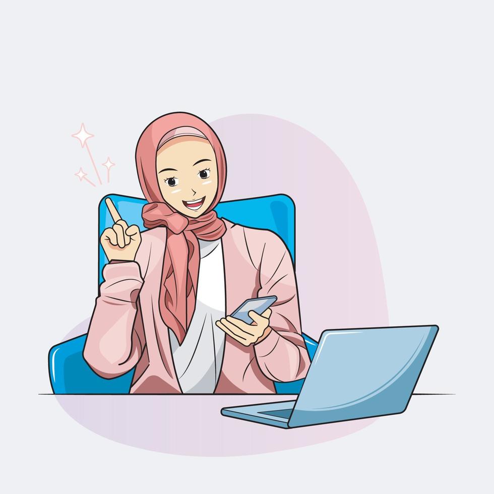 muslimische Geschäftsfrau, die Handy hält und mit dem Finger nach oben zeigt, Vektorillustration, kostenloser Download vektor