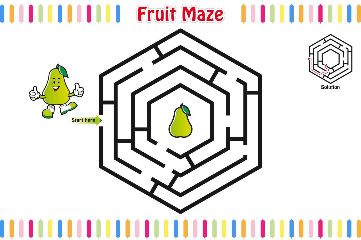 Labyrinth-Puzzle, Lernlabyrinth für Kinder mit Früchten, Labyrinth für Kinder, isolierte Vektorillustration, Maskottchen-Cartoon-Stil, Fruchtcharaktere vektor