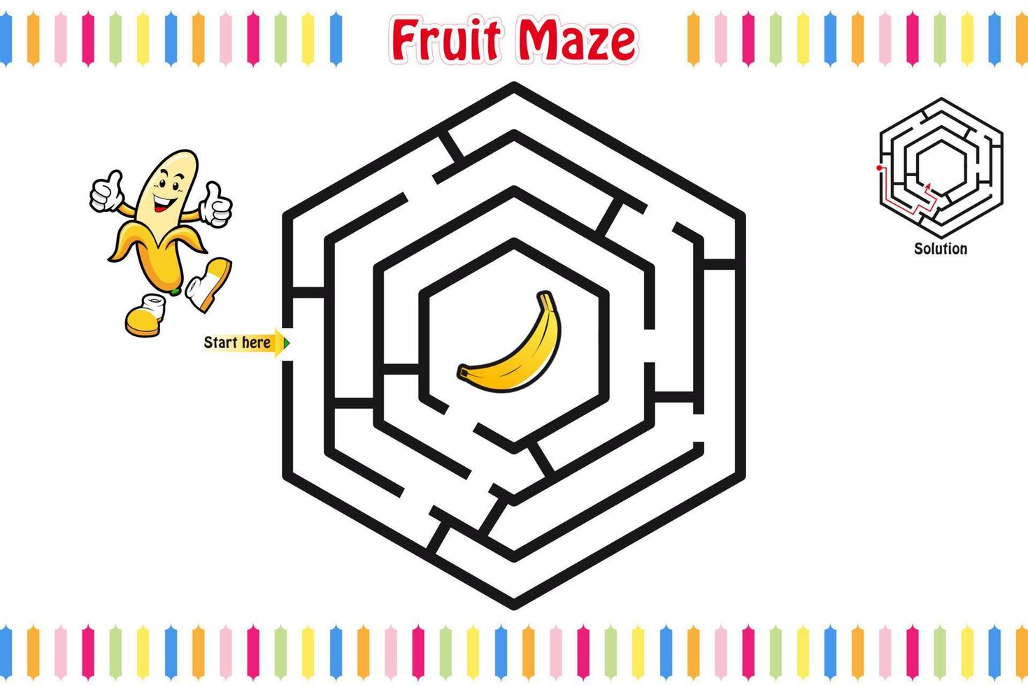 labyrint pussel, pedagogisk labyrint för barn med frukter, labyrint för ungar, isolerat vektor illustration, maskot tecknad serie stil, frukt karaktärer