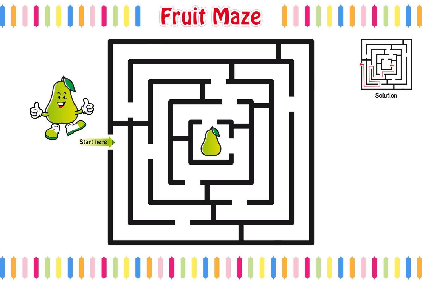 Labyrinth-Puzzle, Lernlabyrinth für Kinder mit Früchten, Labyrinth für Kinder, isolierte Vektorillustration, Maskottchen-Cartoon-Stil, Fruchtcharaktere vektor