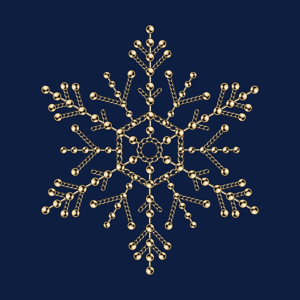 ausgefallene Schneeflocke aus Schmuckgoldketten und glänzenden Kugelperlen. 6 seitliche Schneeflocke. elegante juwelenillustration für winterschlussverkauf, weihnachten, neujahrsfeiertage, geschenkdekoration. vektor