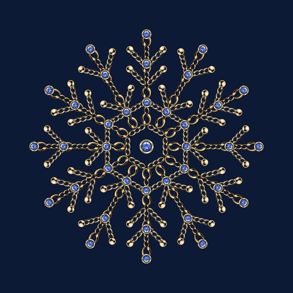 ausgefallene Schneeflocke aus Schmuck Goldketten, glänzende Kugelperlen, blaue Edelsteine. 6 seitliche Schneeflocke. elegante juwelenillustration für winterschlussverkauf, weihnachten, neujahrsfeiertage, geschenkdekoration. vektor