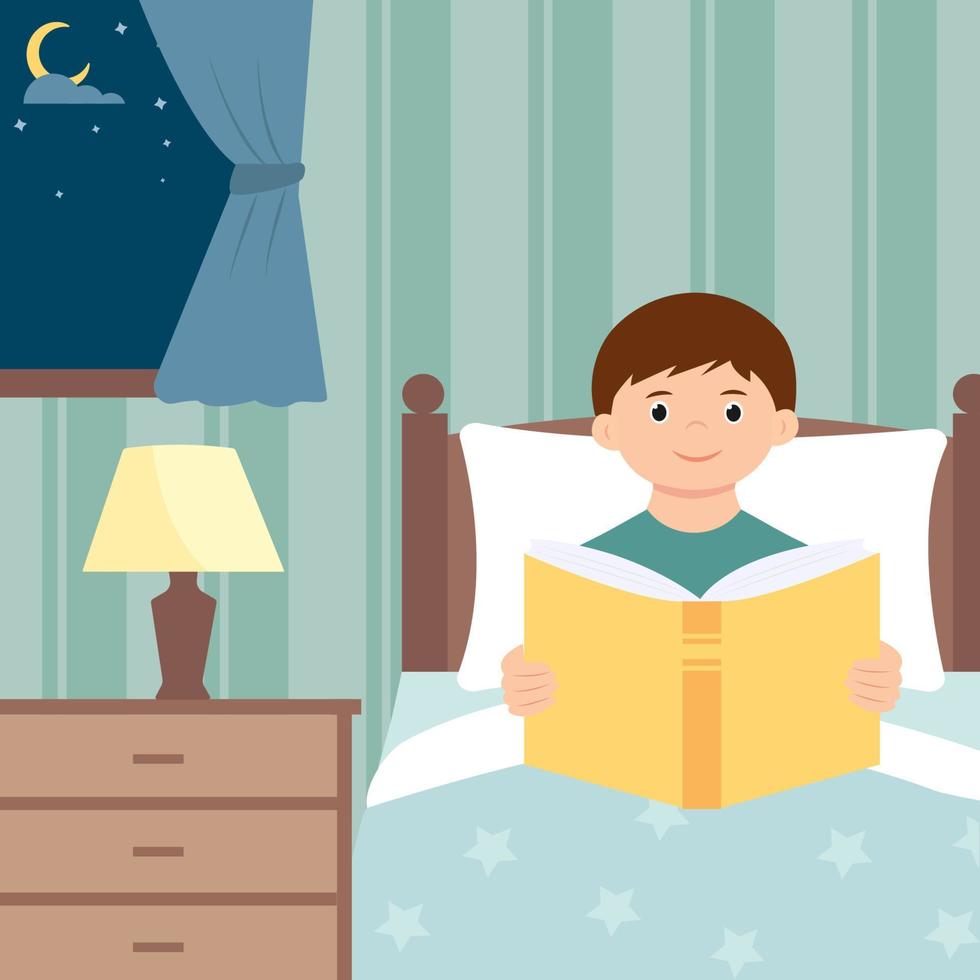 süßer Junge, der im Bett sitzt und Gutenachtgeschichte liest. Nacht lesen. kinderbuchillustration. Vektor