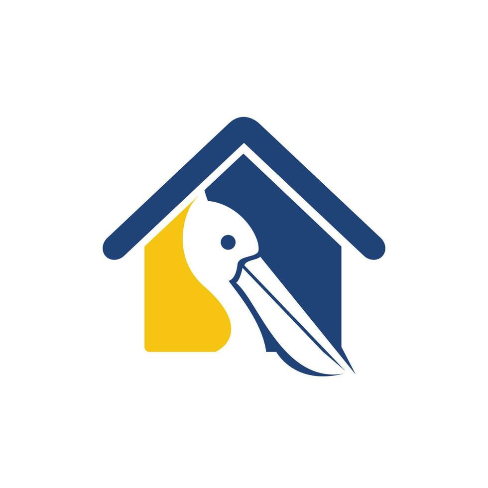 Pelikan-Home-Vektor-Logo-Design. Vektorgrafik-Emblem von Pelikan-Tier- und Haussymbol. vektor