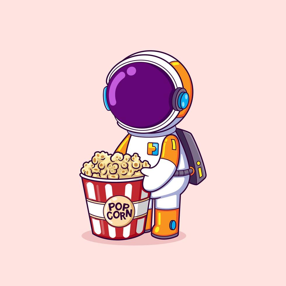 Der Astronaut kauft ein Popcorn in einem Theater und ist bereit, es zu essen, während er zuschaut vektor