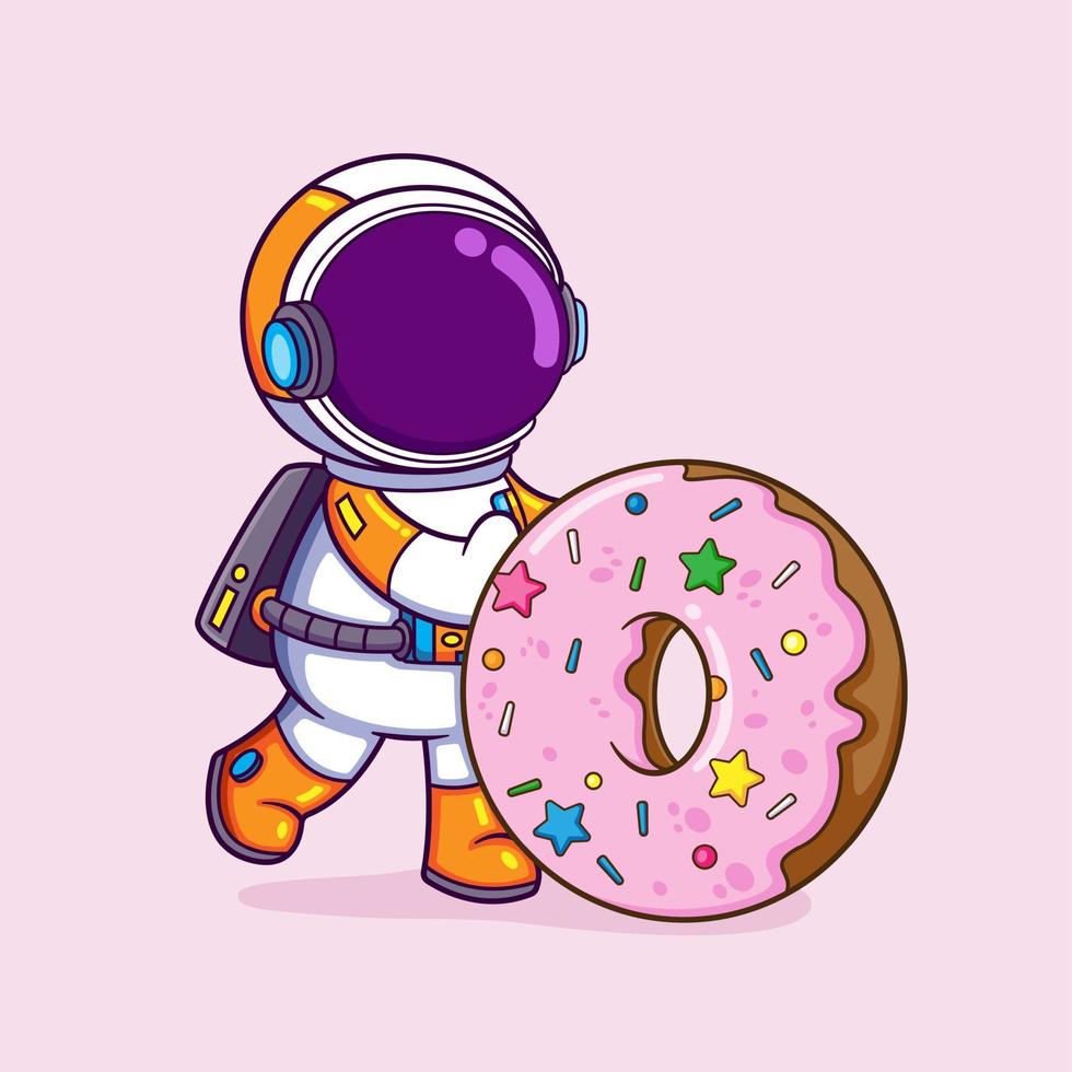 Der Astronaut holt und schiebt einen großen Donut in den Weltraum vektor