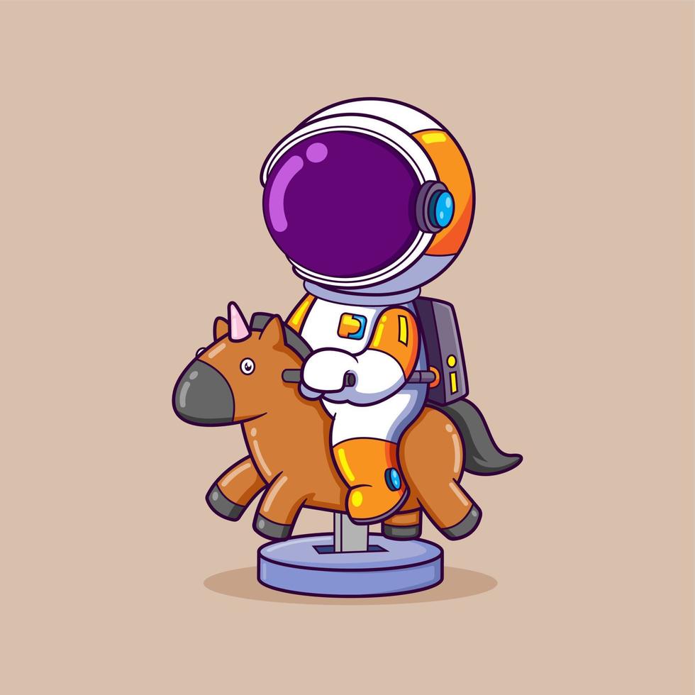 Der Astronaut spielt mit einem Pferdespielzeug mit einer Münze zum Spielen und ist so glücklich vektor