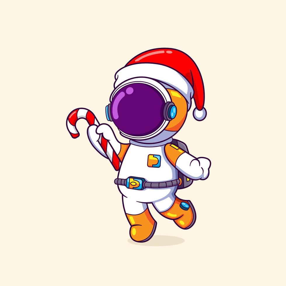 der astronaut hält den bonbonstab aus dem weihnachtsgeschenk des weihnachtsmanns vektor