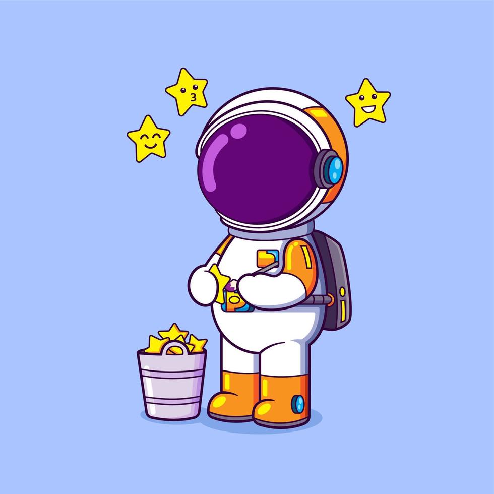 Der Astronaut sammelt die Sterne ein und legt den großen Korb hinein vektor