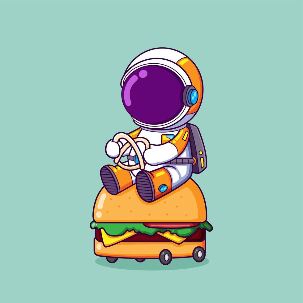 Der Astronaut fährt langsam ein Burgerauto mit kleinen Rädern vektor