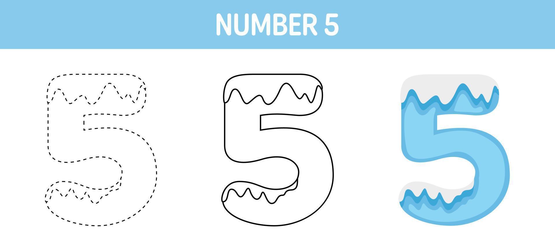siffra 5 snö spårande och färg kalkylblad för barn vektor