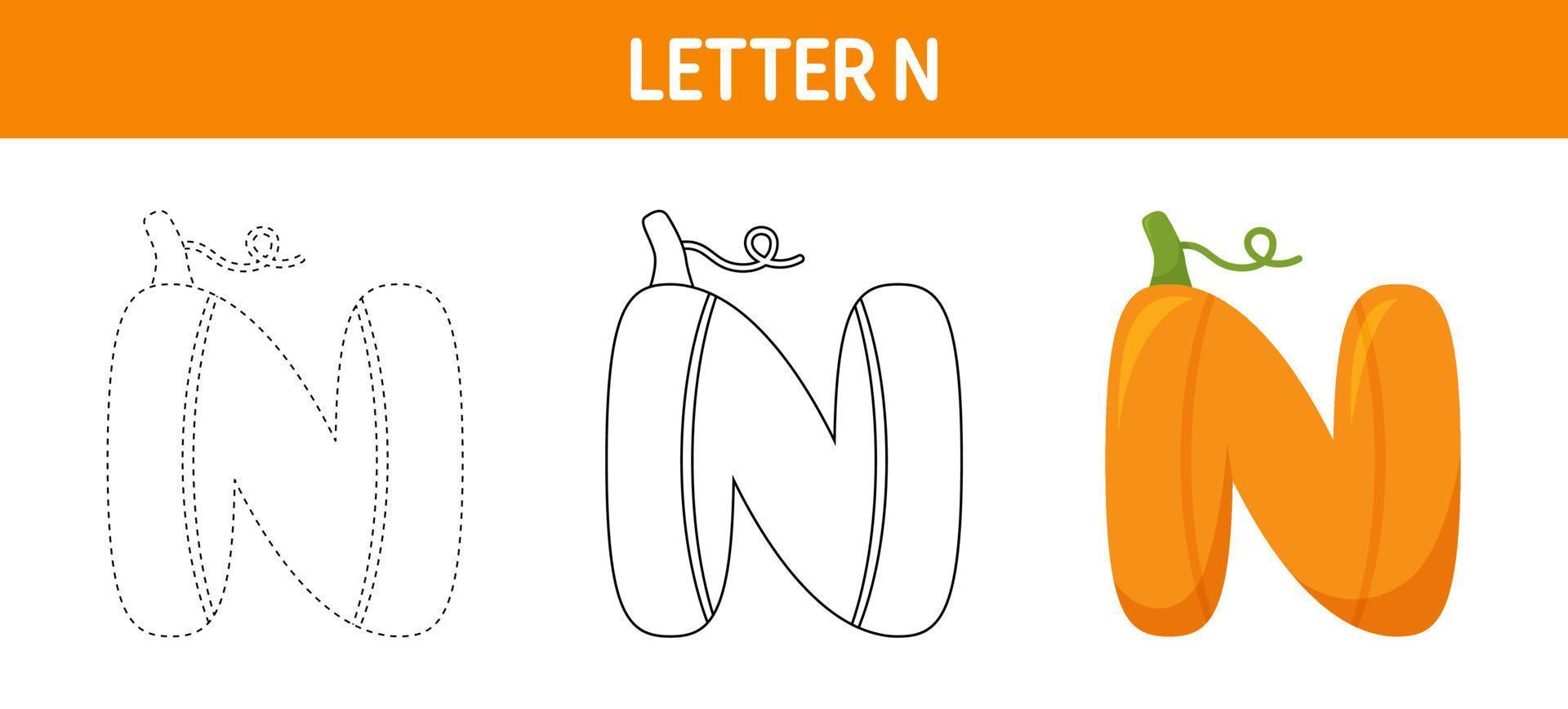 Arbeitsblatt zum Nachzeichnen und Färben von Kürbissen mit Buchstaben N für Kinder vektor