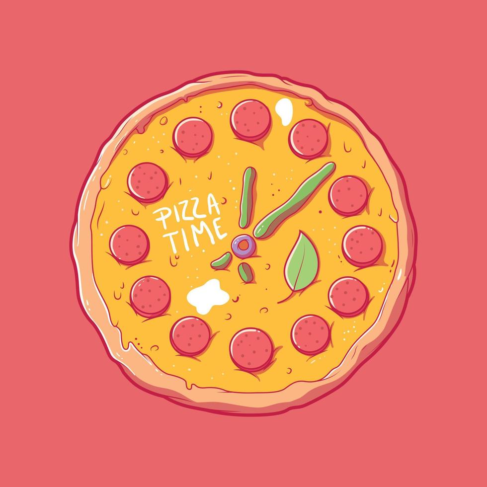 Pizza-Uhr-Design-Vektor-Illustration. lebensmittel, lustig, lieferungsdesignkonzept. vektor