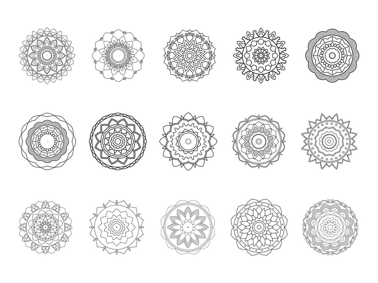15 Mandala Kreismuster Design Set für Henna, Mehndi, Tattoo, Dekoration. dekoratives Ornament im orientalischen Ethno-Stil. Malbuch Seitenbündel vektor
