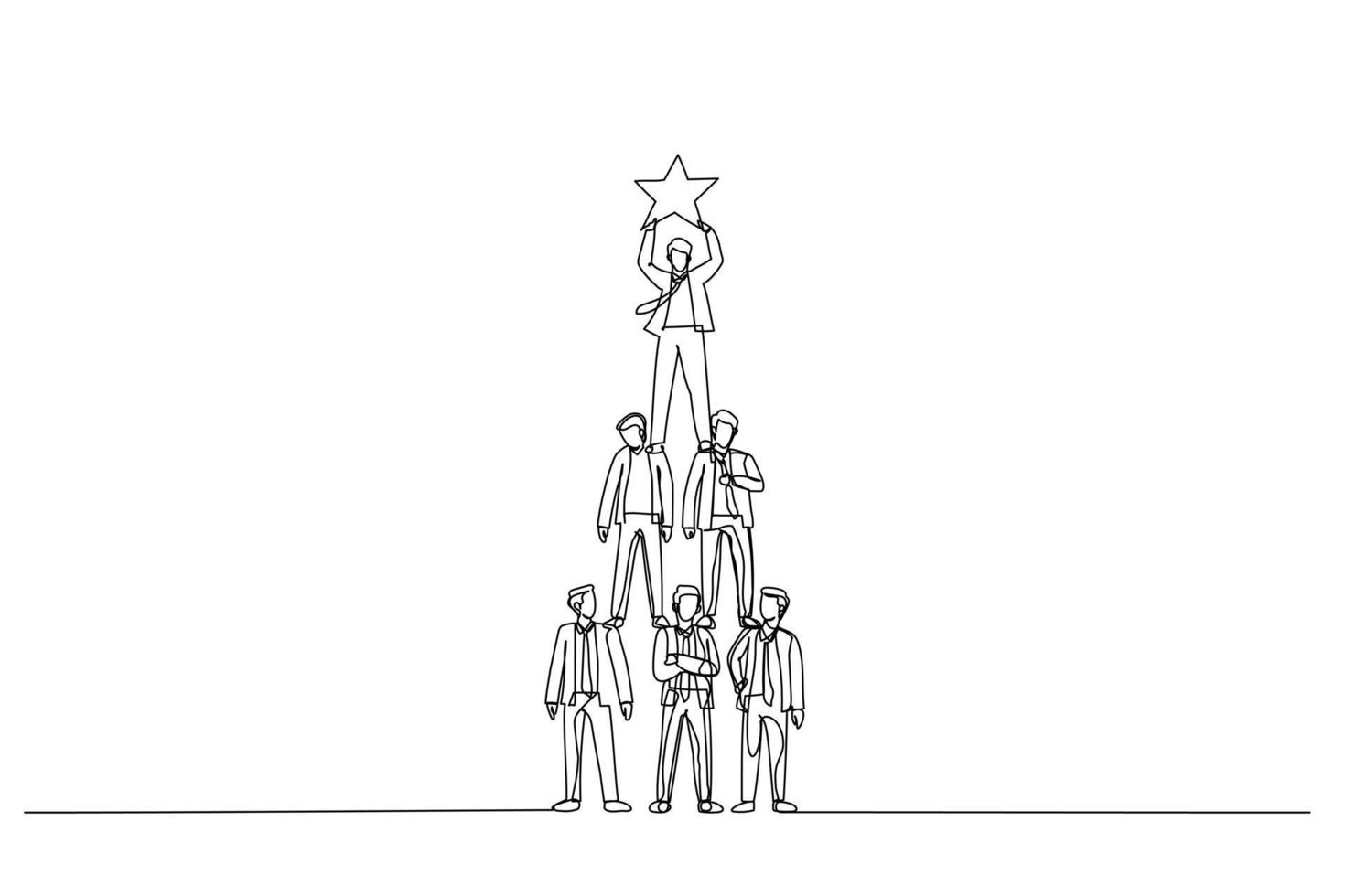 Cartoon der Teamwork-Geschäftsmannpyramide, um den Stern zu erreichen. Kunst im Stil einer Linie vektor
