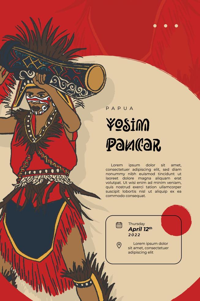 papuanische yosim pancar tänzerin indonesische kultur handgezeichnete plakatillustration vektor