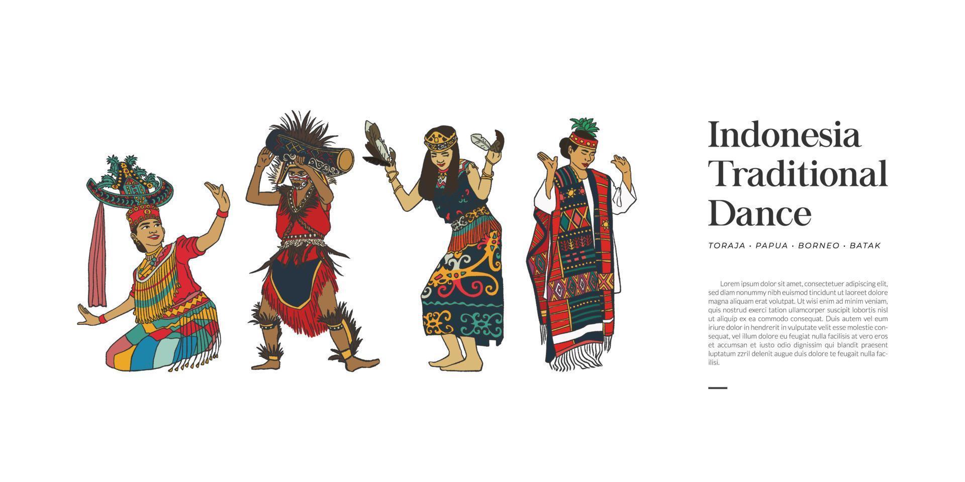 isoliert von indonesien berühmter traditioneller tanz handgezeichnete illustration vektor