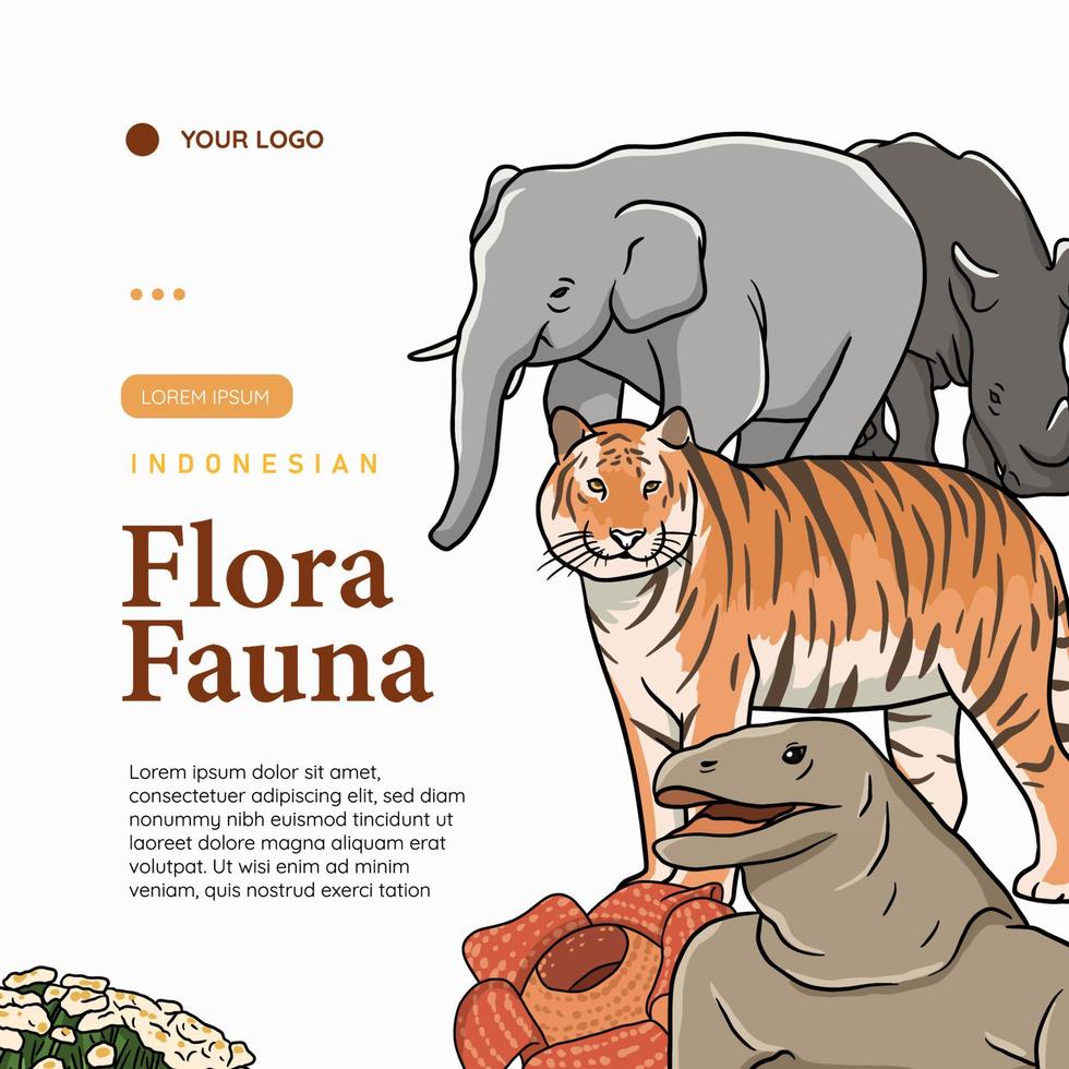 indonesiska djur och växter hand dragen vektor illustration. Zoo social media posta mall