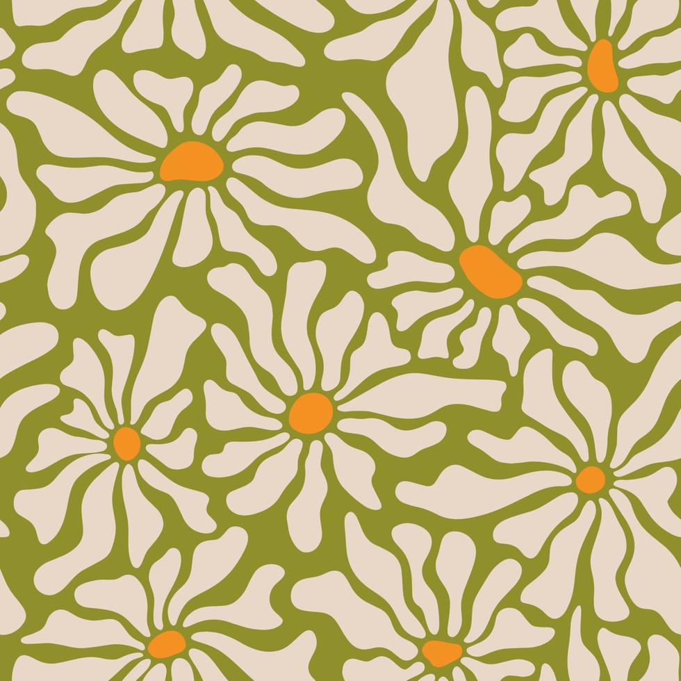 ästhetische zeitgenössische druckbare retro groovy blumen nahtloses muster. dekorativer Hippie naiver 60er, 70er Jahre Vintage Boho Hintergrund im minimalistischen Stil für Stoff, Tapete oder Verpackung vektor