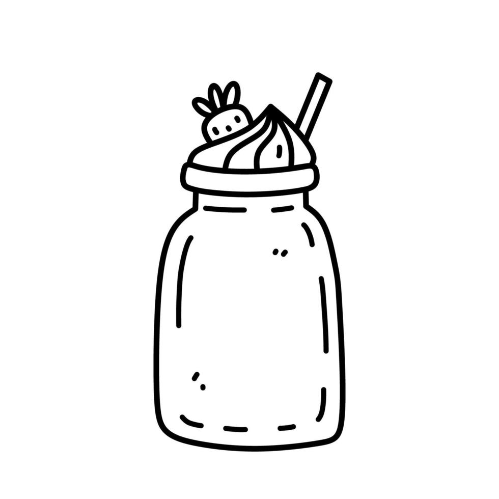 jordgubb milkshake med vispad grädde isolerat på vit bakgrund. vektor ritad för hand illustration i klotter stil. perfekt för kort, logotyp, dekorationer, meny, olika mönster.
