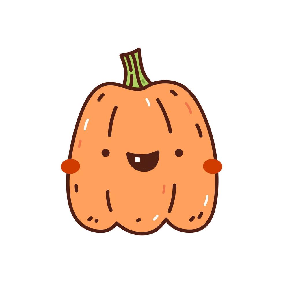 süßer und lustiger orangefarbener Kürbis isoliert auf weißem Hintergrund. handgezeichnete Vektorgrafik im Doodle-Stil. Kawaii-Charakter. Perfekt für Karten, Dekorationen, Logos und Halloween-Designs. vektor