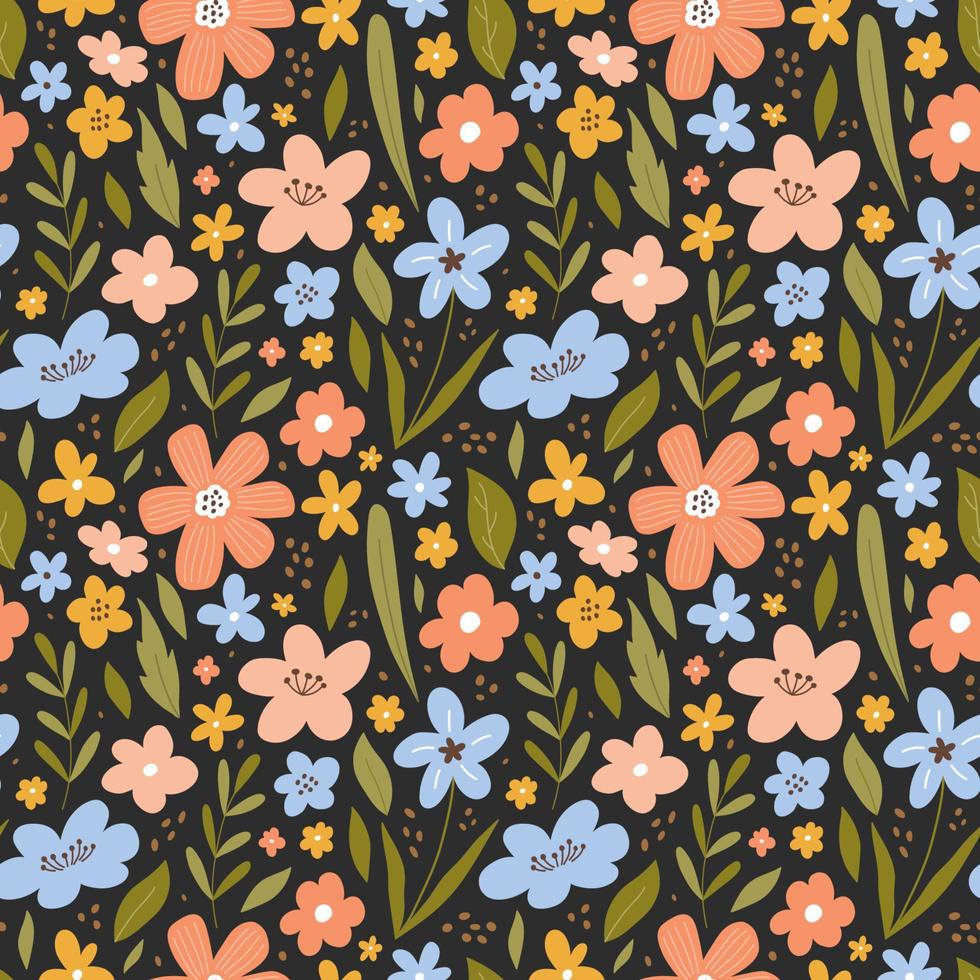 botanisches nahtloses muster mit wiesenblumen und blättern auf dunklem hintergrund. vektorillustration im handgezeichneten flachen stil. Perfekt für Dekorationen, Tapeten, Geschenkpapier, Stoff. Blumenmuster. vektor