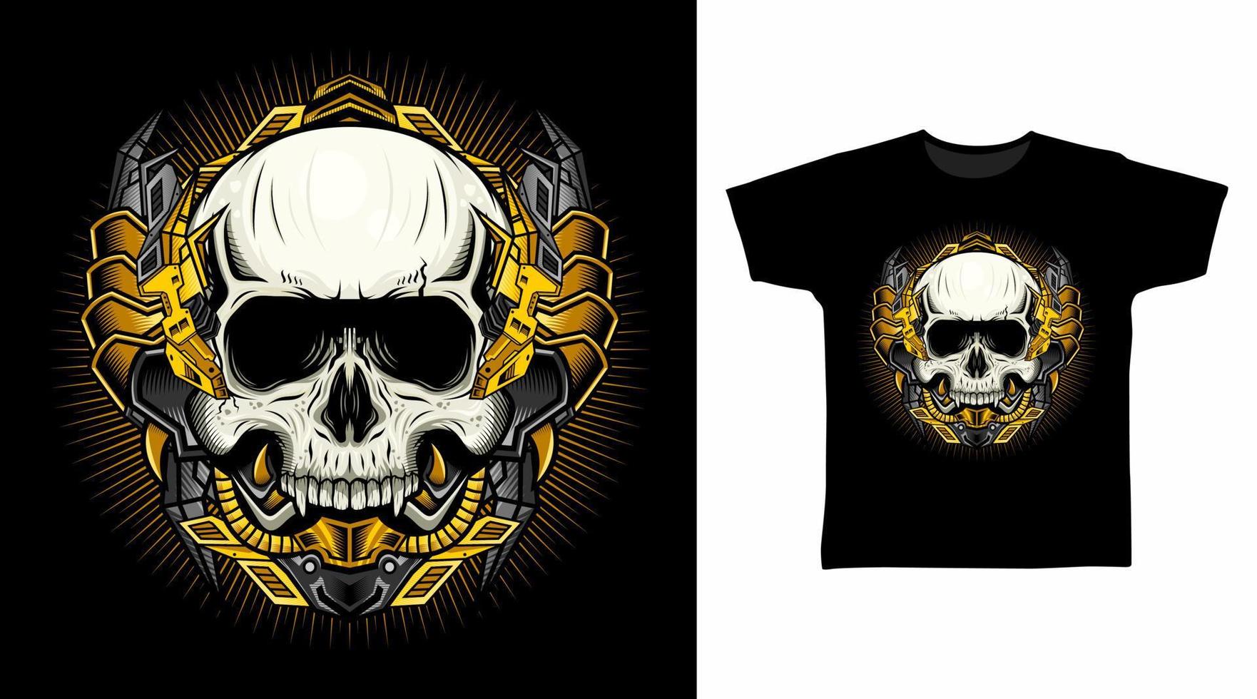 mekanisk skalle med guld rustning illustration t-shirt design begrepp. vektor