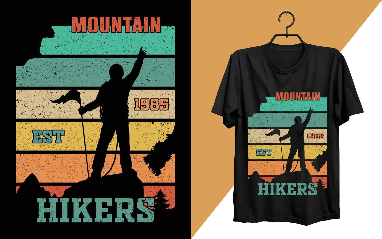 Mountain est 1985 Wanderer T-Shirt Design. Wander-Typografie-Vektor-T-Shirt-Design, Kletter-T-Shirt oder Poster-Design für Abenteuerliebhaber, grafisches Element, Vintage-Grafik, freier Vektor der Illustration