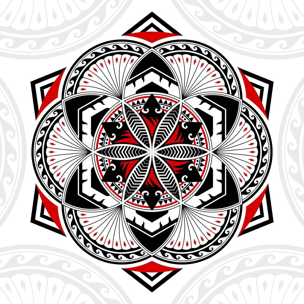 geometrische Formen, Kreise, sechszackige Sterne und Sechsecke, in gemischten Stilen aus thailändischer Kunst, polynesischer Kunst, Mandala-Kunst, Schwarz und Rot. vektor