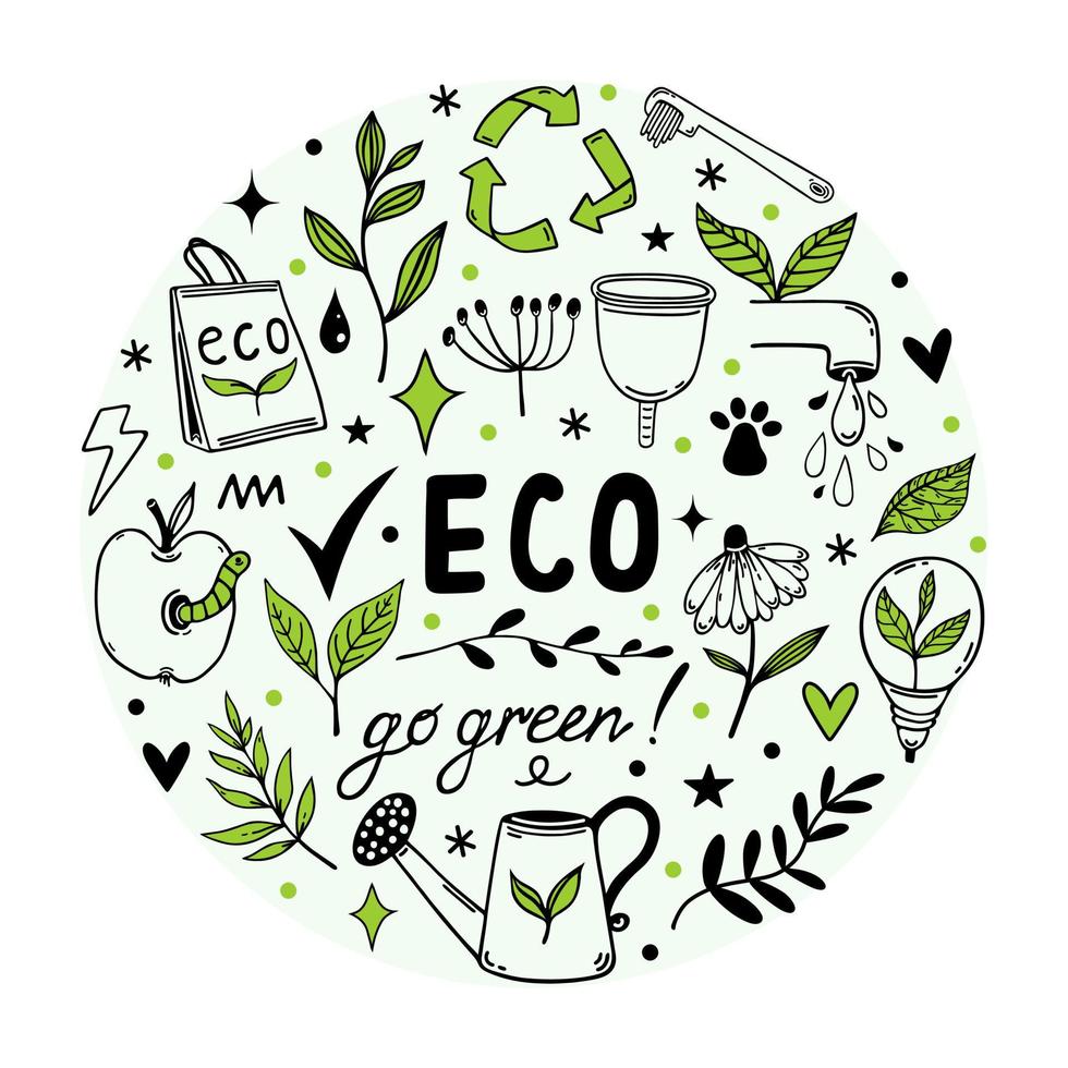 Öko-Doodles-Vektorset. Symbole für Umweltschutz - Recycling, Wassereinsparung, natürliche Energie. Go Green, Zero Waste. Bio-Emblem. einfacher Umriss isoliert auf weiß. Cliparts für Poster, Druck, Karten vektor